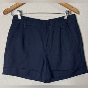 Vince Navy Tailored Linen Pleated Cuffed Hem Shorts Size 4